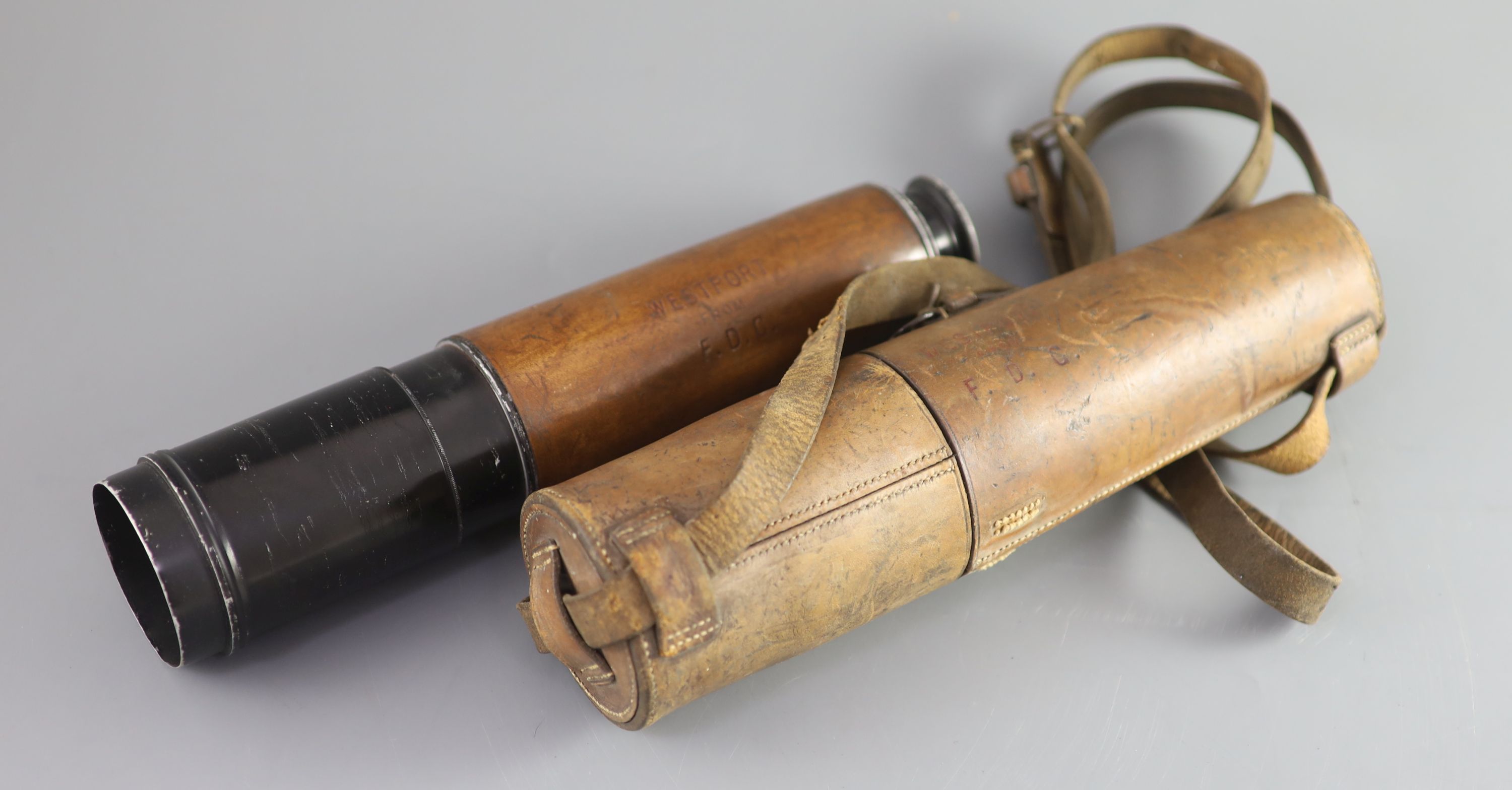 An early 20th century three draw telescope, 64cm extended, (but currently jammed at 50cm)